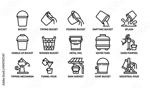 Collection of various water containers and pouring mechanisms in black line icons