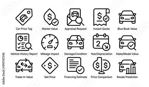 Car valuation icons for market value and trade-in appraisal insights