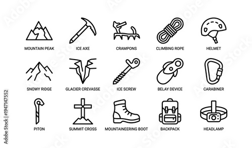 Mountaineering gear icons: ice axe, crampons, climbing rope, helmet, carabiner