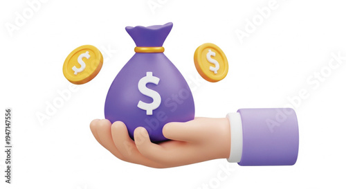 3d render hand holding purple money bag with dollar sign and floating gold coins concept for financial success wealth savings