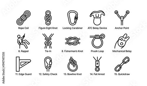 Collection of climbing knots and equipment icons for safe rock climbing