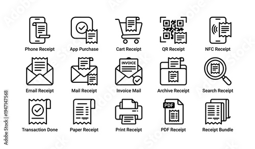 Set of 16 receipt icons: digital, mail, print, qr, and nfc payment symbols