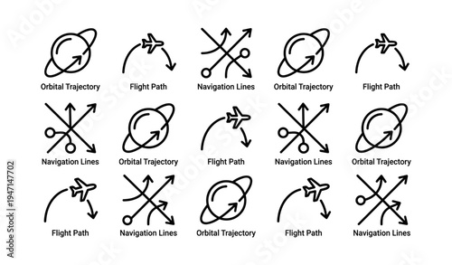 Space travel symbols and icons featuring orbital trajectories and flight paths