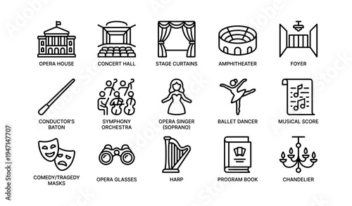 Opera and theatre icon set including performer and musical elements