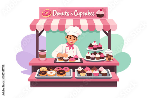 Baker Man Selling Delicious Donuts and Cupcakes at a Stall.