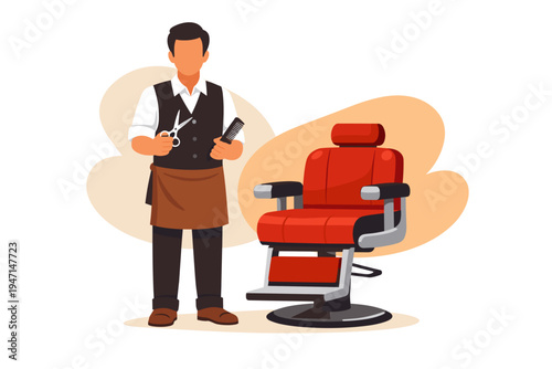 Barber standing next to a red barber chair holding scissors and comb.