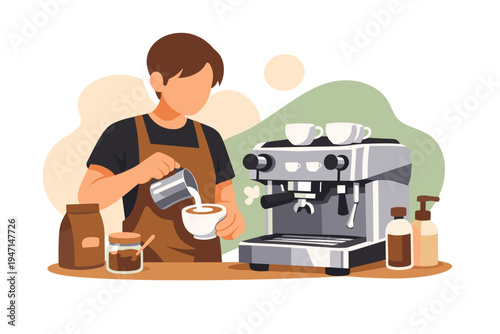 Barista making coffee with espresso machine and milk pitcher.