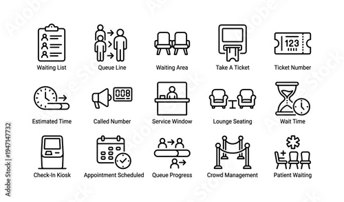 Queue icons: service window, waiting area, ticket number, queue line, lounge seating