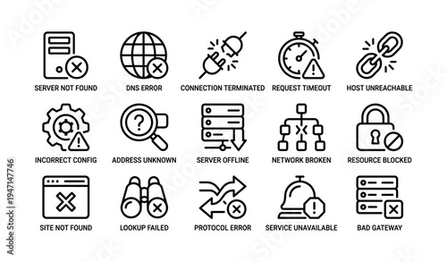 Network connectivity issues and error icons collection in line art style