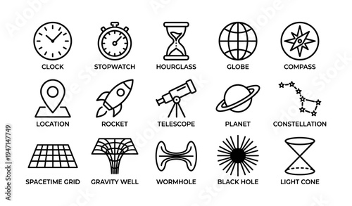 Set of iconic time and space symbols including clock, hourglass, globe, and telescope