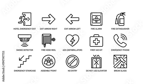 Emergency signage icons: fire safety, exit strategies, emergency equipment guide