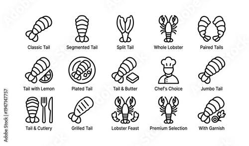 Various lobster icons including whole, tails, grilled, and chef's choice designs