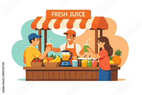 Fresh Juice Stand with Customers and Vendor.