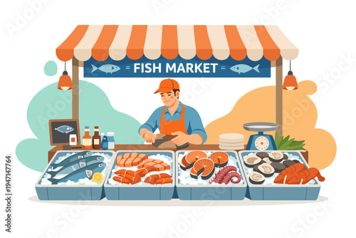 Fish market vendor selling fresh seafood from stall.