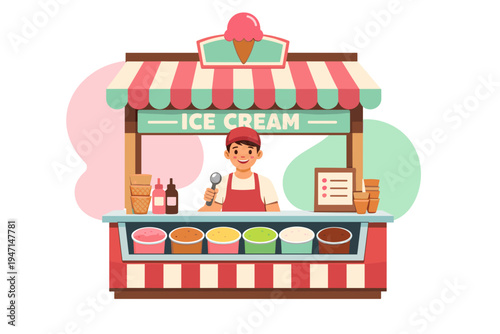 Friendly ice cream vendor serving customers at a colorful stand.