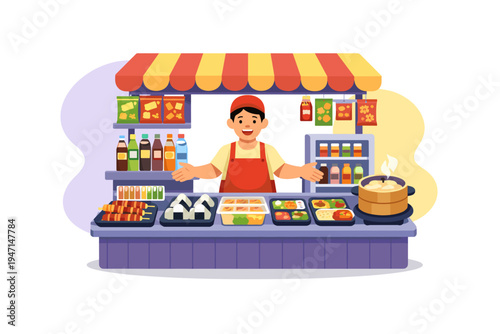 Man selling food at a colorful market stall.