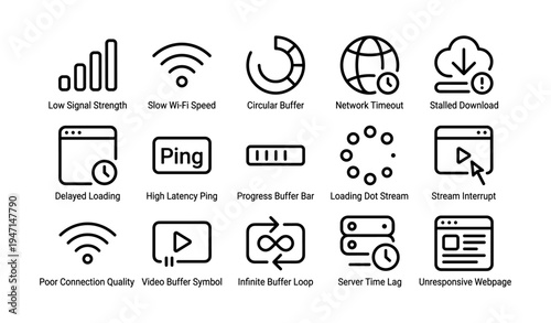 Internet connectivity issues and network performance icons collection