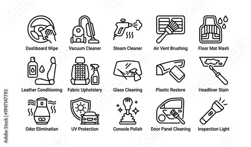 Car interior detailing icons for cleaning and maintenance