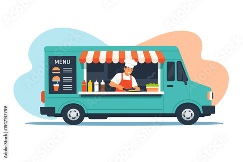 Food truck vendor preparing order with menu displayed.