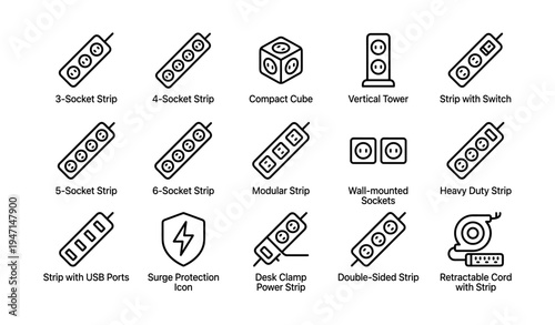 Different types of power strips and surge protectors with icons
