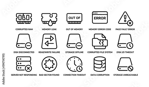 Computer error icons set featuring memory, storage, and connection issues