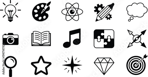 Collection of Black Icons Representing Ideas Creativity Science and Learning on White Background Keywords: icon, symbol, set
