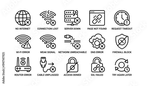 Network error icons: wi-fi connection issues signaling offline status