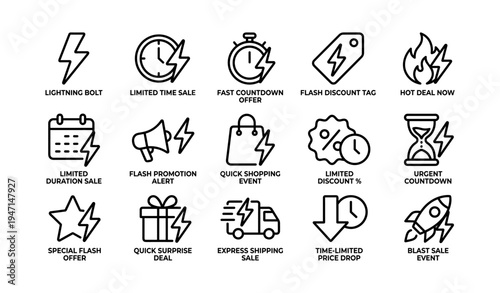 Icon set featuring flash sale lightning bolt timer discount tags and promotional alerts