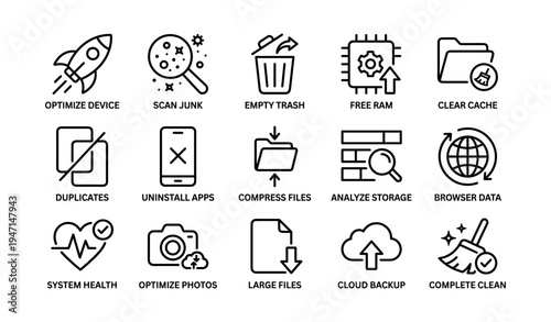Device optimization icons: boost performance and manage storage efficiently