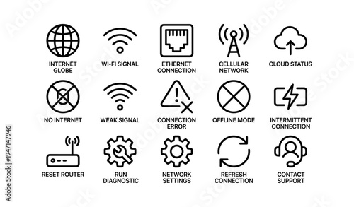 Internet connectivity icon set: network, diagnostic, error, signal, connection