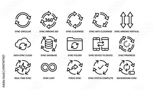 Sync icons collection: circular, arrows, cloud, database, folder, device, progress, loop, force, status