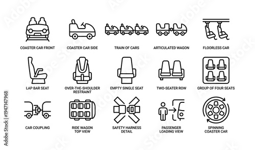 Amusement park ride illustrations with various coaster car designs and seating options