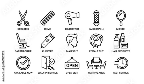 Barber shop icons featuring tools, hairstyles, and services
