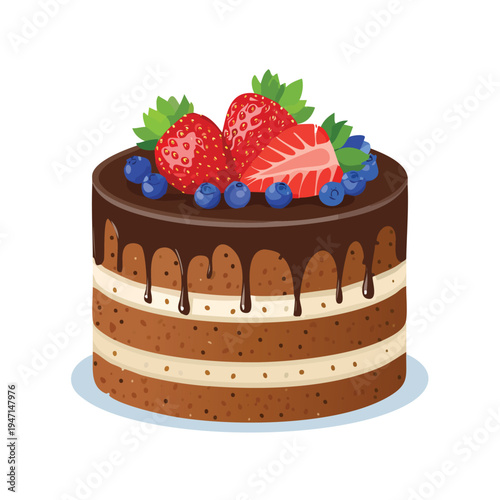 Delicious chocolate cake with fresh strawberries and blueberries on white