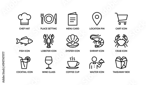Set of 15 restaurant and food line icons: chef hat, menu, seafood, drink