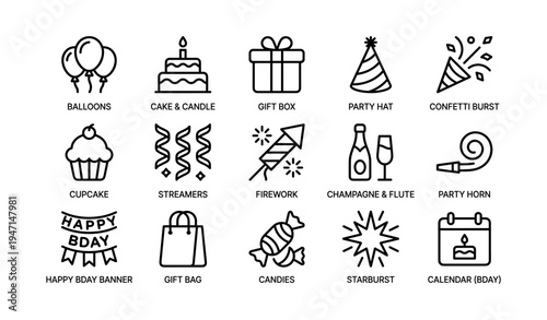 Celebration icons set with balloons cake gift box party hat and confetti