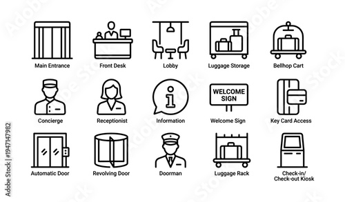 Hotel icons: concierge, receptionist, luggage storage, welcome sign, doorman services