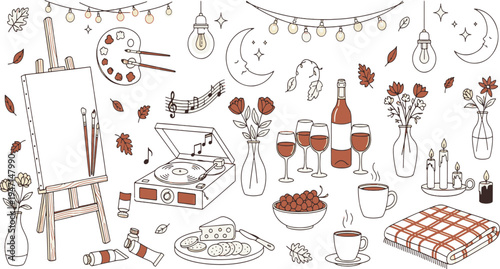 This collection features a charming variety of lifestyle elements including art supplies music wine and cozy home decor elements in a whimsical hand drawn vector illustration doodle art