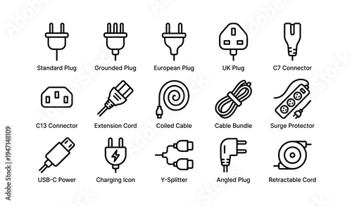 Variety of electrical connectors and plugs icons set
