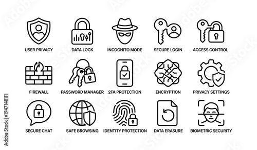 Cybersecurity icons set: user privacy, data lock, secure login, encryption, biometric security