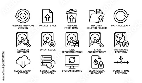 Data recovery icons: restore, undelete, backup, repair, secure drive