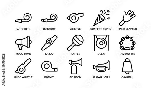 Collection of musical noise makers and party sound instruments icons