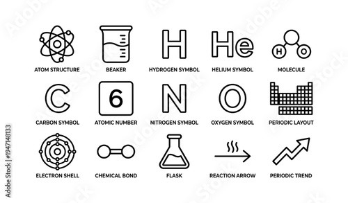 Chemistry symbols and structures: elements, molecules, and atomic numbers