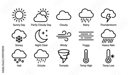 Weather icons: sunny, cloudy, rain, snow, wind, tornado, temperature variations