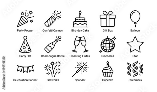 Celebration icons: party popper, confetti, cake, gift, balloon, hat, champagne, flutes, disco, star