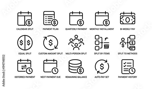 Finance icons set: payment plan, calendar split, installment options, multi-person split, auto-pay