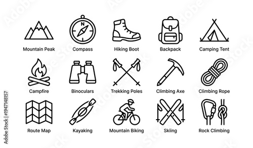 Outdoor adventure icons set featuring hiking, climbing, camping, and biking elements