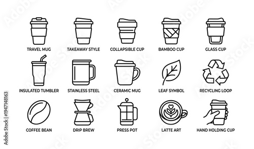 Various coffee cup types and coffee-related symbols including drip brew and latte art