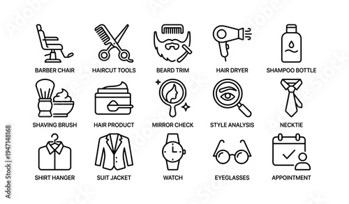 Barber and personal care icons: chair, tools, grooming, hair dryer, shaving, suit, watch