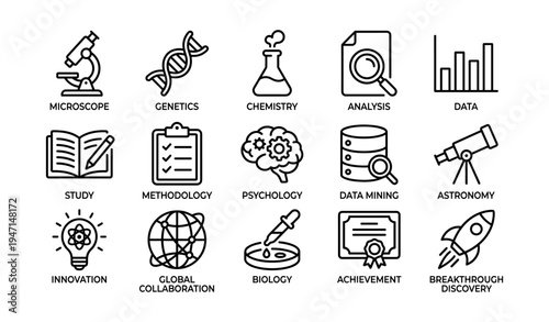 Scientific exploration icons featuring microscope, dna, chemistry, and innovation symbols